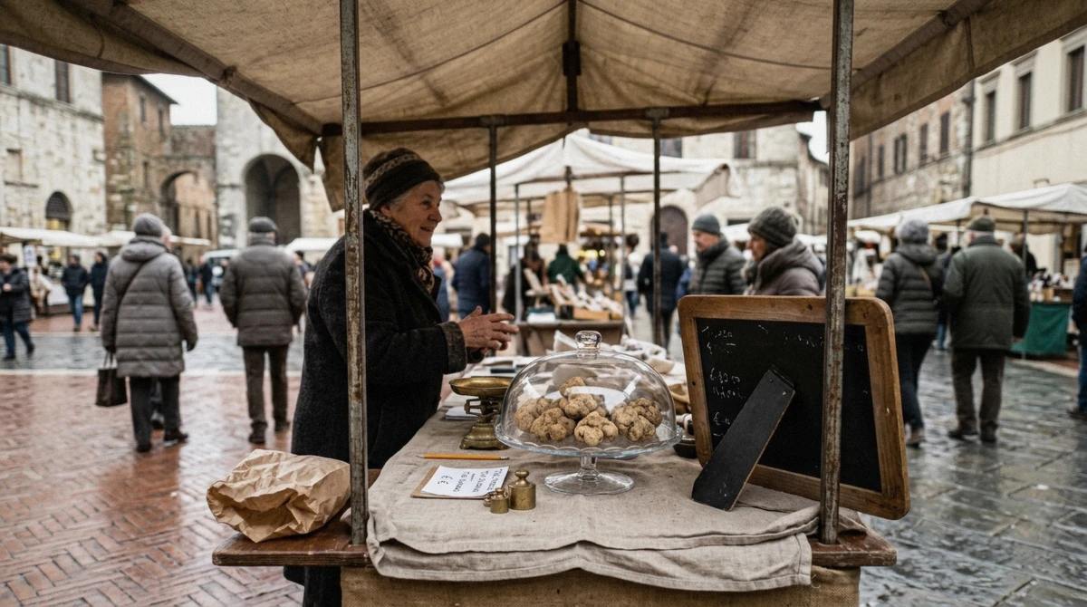 A white truffle stall in a Tuscan hill-town square during the autumn fairs that follow truffle hunting in Tuscany