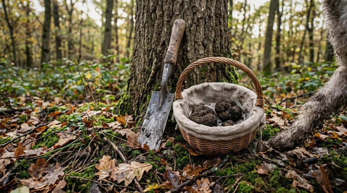A truffle hunter spade and a basket of black truffles under an oak on truffle hunting in Tuscany